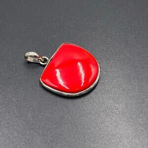 Bright Red Coral Stone and Sterling Silver 925 Pendant